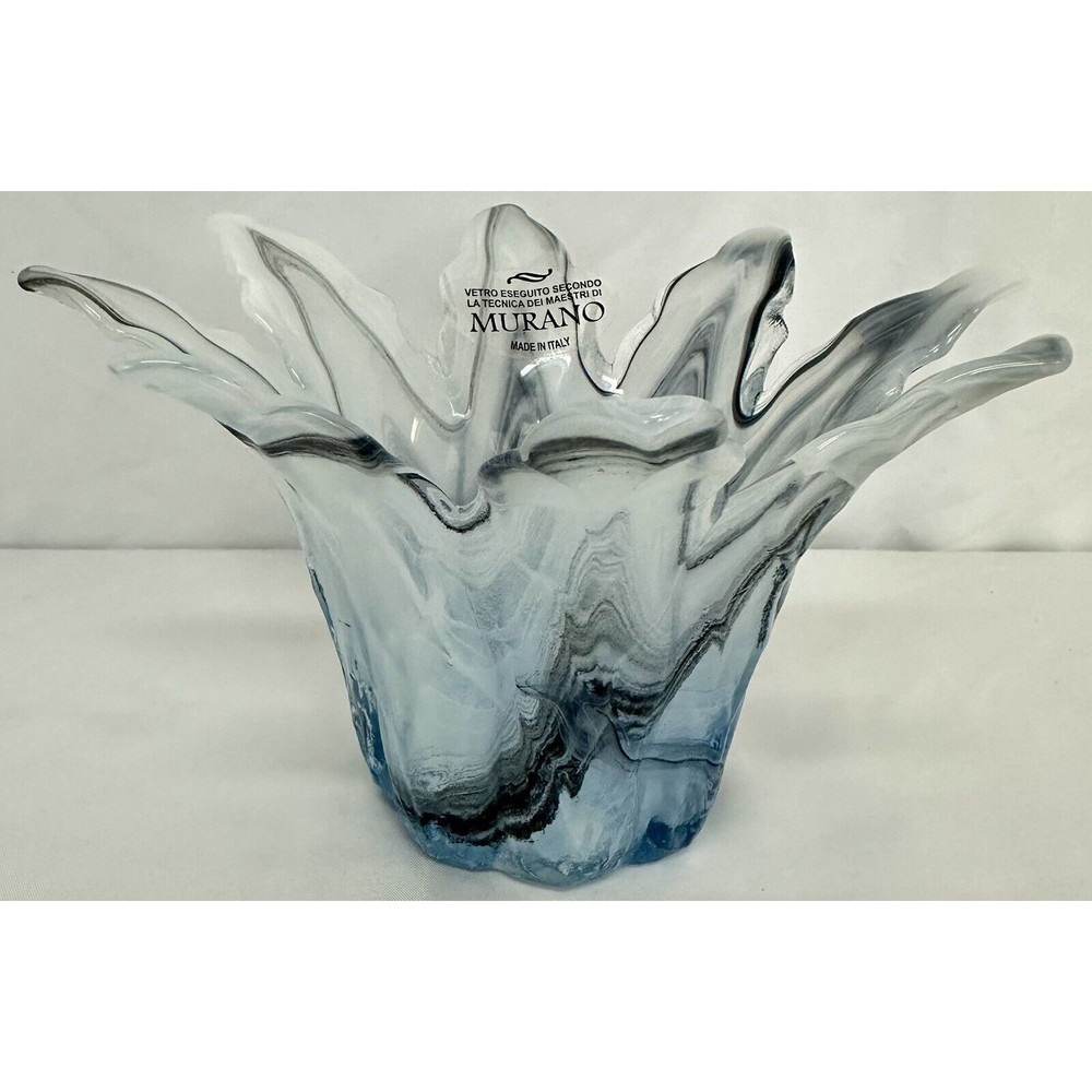Murano Vetro Eseguito Italy Hand Blown Art Glass Blue Swirl Dish Bowl Votive 4”